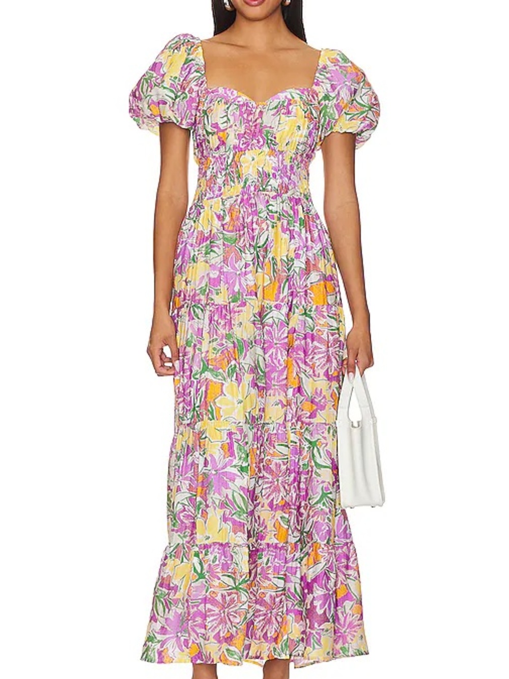 Astr Florentina Floral Puff-Sleeve Midi Dress in Pink, Orange, Yellow and Green - Picture 2 of 14